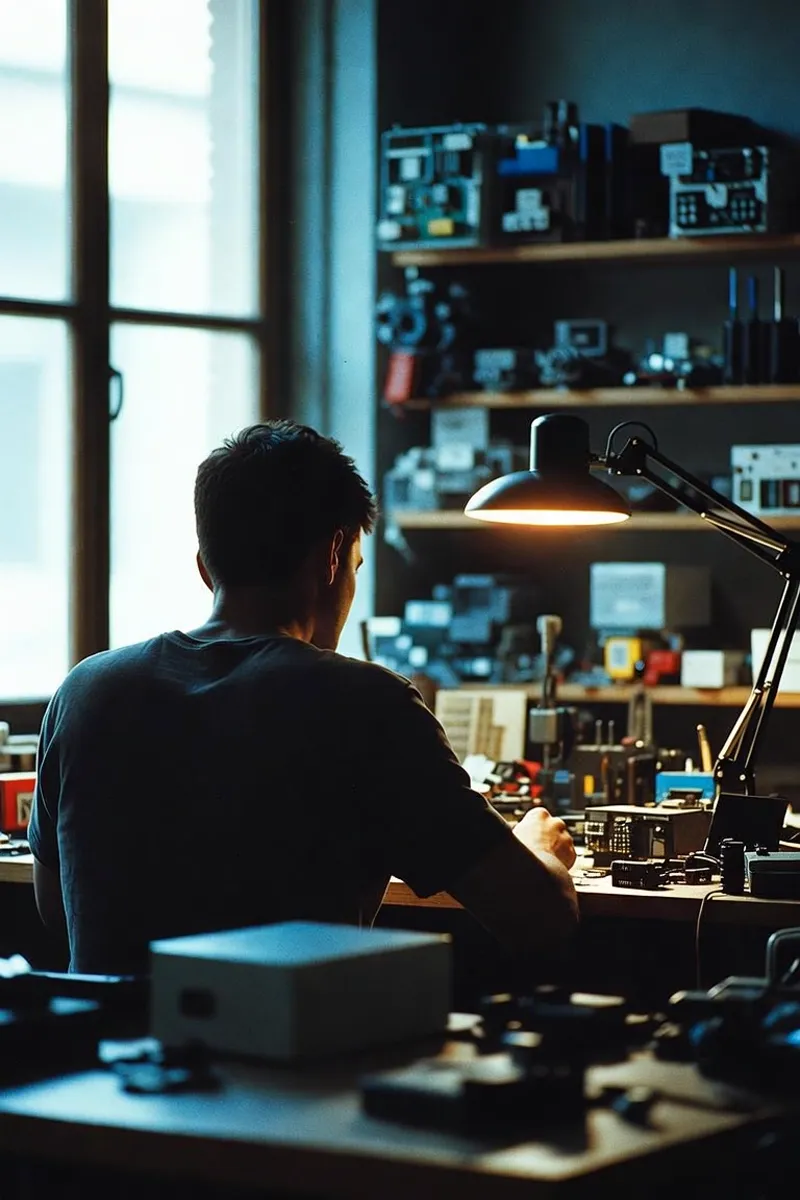 Techniker am Arbeitsplatz der Werkstatt, im Hintergrund Regale mit beschrifteten Ersatzteilen